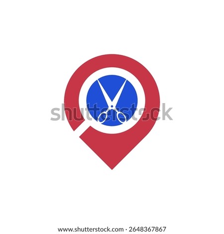 A red location pin icon with a blue circle inside, featuring white scissors, symbolizing a localized cutting or styling service