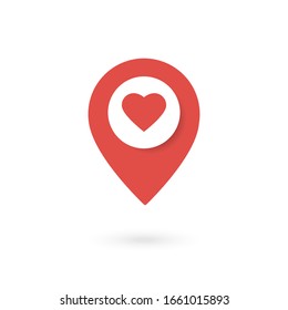 Red location pin icon with heart shape. Position marker isolated on white background. Pin map design element. Location symbol. Vector illustration