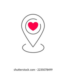 Red location pin icon with heart shape. Position marker isolated on white background. Pin map design element. Location symbol. Vector illustration.