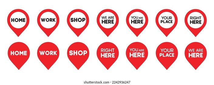 Red location pin icon set. You are here, we are here, shop, work, home pointer tag collection.