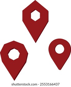 Red location pin icons in various minimalist styles with geometric cutouts, ideal for maps, navigation, and interface design.