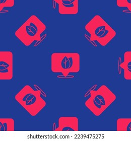 Red Location pin with leaf inside icon isolated seamless pattern on blue background. Leaves sign. Fresh natural product symbol.  Vector