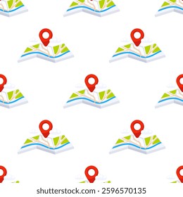 Red Location Pin Marking Destination on Isometric Folded Paper City Map Seamless Pattern