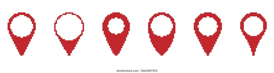 Conjunto de Ícones de Arte em Pixels de Pin Vermelho. Geolocalização, Navegação E Coleção De Símbolos De Marcador De Mapa. Mapeamento Digital E Design De Interface Gps. Ilustração de vetor isolada.