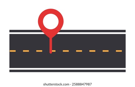 A red location pin is placed on a black road with yellow dashed lines, representing GPS navigation and travel on a white background. Concept of mapping and direction. Vector illustration