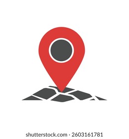 A red location pin is placed on a textured grey surface, symbolizing navigation and mapping. Vector icon