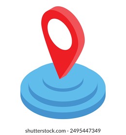 Red location pin pointing on blue area map, isometric icon