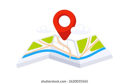 Red Location Pin Pointing on Folded Paper City Map Navigation