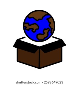 Red location pin poking out of a cardboard box with a map design on it.