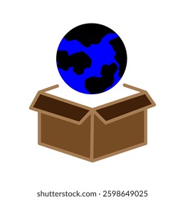 Red location pin poking out of a cardboard box with a map design on it.