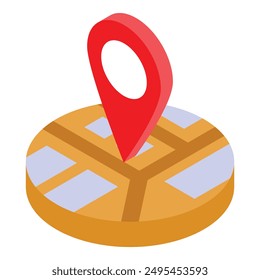 Red location pin showing destination on city map in 3d isometric view, concept of navigation, travel, tourism, destination