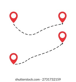 Red location pins connected by dashed lines on a minimalistic white background