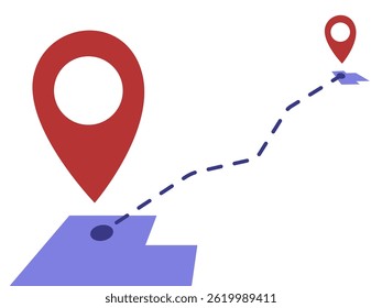 Red location pins and a line path between two destinations. Editable vector graphics. 