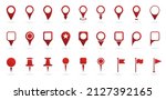 Red Location Pins Sign. Pointer Navigation Symbol. Flag Mark, Thumbtack Sign. Red GPS Tag Collection. Set of Marker Point on Map, Place Location Pictogram. Isolated Vector Illustration.