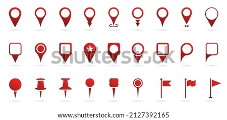 Red Location Pins Sign. Pointer Navigation Symbol. Flag Mark, Thumbtack Sign. Red GPS Tag Collection. Set of Marker Point on Map, Place Location Pictogram. Isolated Vector Illustration.