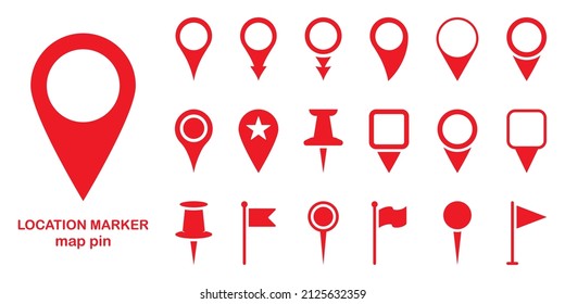 Red Location Pins Sign. Set of Marker Point on Map, Place Location Pictogram. Pointer Navigation Symbol. Red GPS Tag Collection. Flag Mark, Thumbtack Sign. Isolated Vector Illustration.