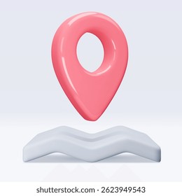 Red location pointer om map, placemark, marker of map, navigation pin sign. 3d GPS icon with shadow. Sign for searching on map direction. Vector render illustration isolated on white background