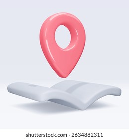 red location pointer om map, book, placemark, marker of map, navigation pin sign. 3d GPS icon. Sign for searching on map direction. Vector render illustration isolated on white background