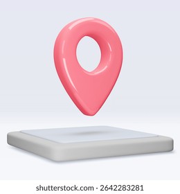 Red location pointer om tablet, placemark, marker of map, navigation pin sign. 3d GPS icon with shadow. Sign for searching on map direction. Vector render illustration isolated on white background