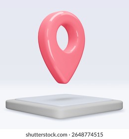 Red location pointer om tablet, placemark, marker of map, navigation pin sign. 3d GPS icon with shadow. Sign for searching on map direction. Vector render illustration isolated on white background