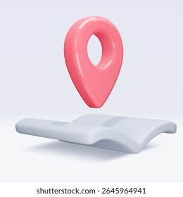 Red location pointer on map, book, placemark, marker of map, navigation pin sign. 3d GPS icon. Sign for searching on map direction. Vector render illustration isolated on white background