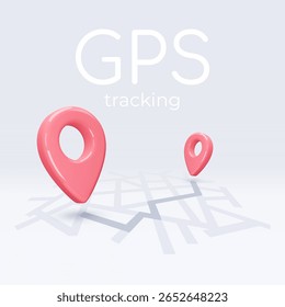 Red location pointers on map, placemark, markers with gray path, gps navigation pin sign. 3d GPS icon. Sign for searching on map direction. Vector render illustration isolated on white background