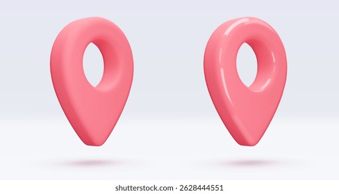 Red location pointers, placemark, markers of map, navigation pin sign. 3d GPS icon with shadow. Sign for searching on map direction. Vector render illustration isolated on white background