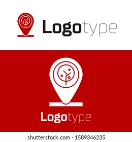 Red Location and tree icon isolated on white background. Logo design template element. Vector Illustration