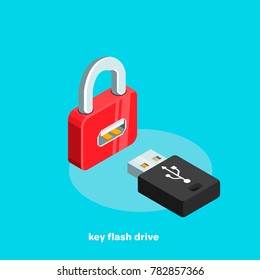 red lock and key flash drive, isometric image
