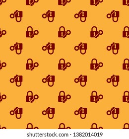 Red Lock and key icon isolated seamless pattern on brown background. Padlock sign. Security, safety, protection, privacy concept. Vector Illustration