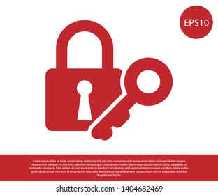 Red Lock and key icon isolated on white background. Padlock sign. Security, safety, protection, privacy concept. Vector Illustration