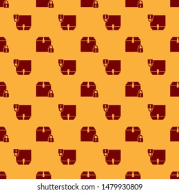 Red Locked package icon isolated seamless pattern on brown background. Lock and cardboard box.  Vector Illustration