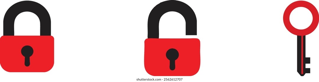 Red Locked and Unlocked Padlocks with Key Icon Set