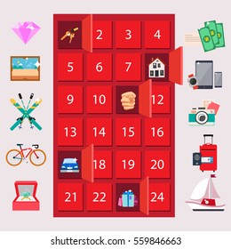 Red locker with luxury quiz gifts on pink background. On vector illustration can be won money or house, jewelry accessories, transport items, electronic devices or journeys, or nothing if misfortune