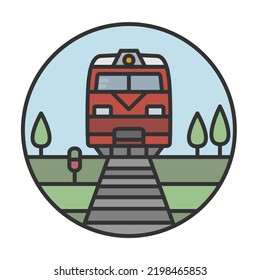 Red Locomotive On Railroad Tracks. Line Icon