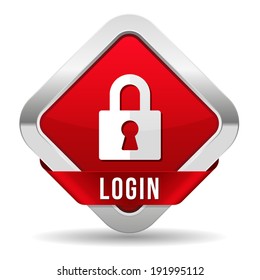 Red log-in button with steel border and ribbon on white background