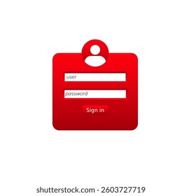 Red login interface with input fields for user and password, featuring a prominent sign in button.