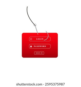 Red login screen with hook illustrating phishing and security risks. highlights danger of scams.