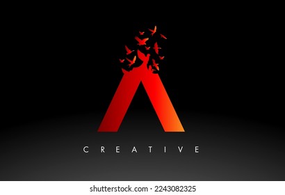 Red A Logo Letter with Flying Flock of Birds Disintegrating from the Letter. Bird Fly Letter Icon.