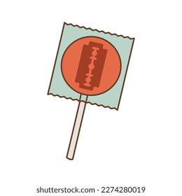 Red lollipop with a blade inside isolated on white background. Back to 90s. Nostalgia for 1990s element. Retro style.