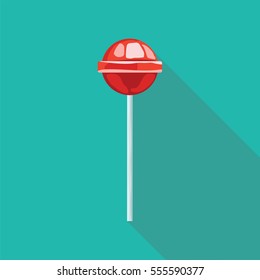 red Lollipop flat style with long shadow isolated on green background. Sweets vector sign symbol