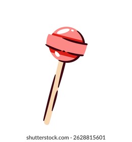 Red lollipop on a wooden stick, round candy with glossy surface. Sweet treat for kids, party favor, or candy shop menu. Fun cartoon doodle vector illustration.