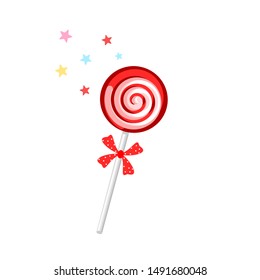 Red lollipop. Round candy with stick isolated on white background. Vector illustration