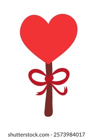 Red lollipop in the shape of a heart with a ribbon. Dessert for valentine day. Vector flat illustration.