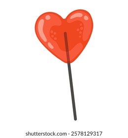 Red lollipop in the shape of a heart. Sweet candy, caramel. Cute simple illustration for valentine's day card, white background.	