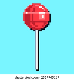 A red lollipop with a white stick. The image is in a pixelated style. Scene is playful and fun