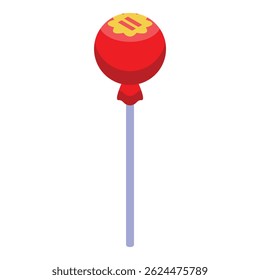 Red lollipop with yellow stripes is standing on white background