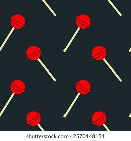 Red lollipops arranged in a repeating pattern on a dark background