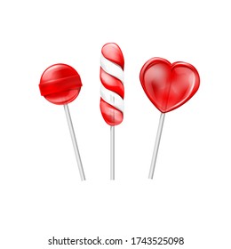 red lollipops candy sweet isolated on white background. In the shape of heart-shaped spiral and ball