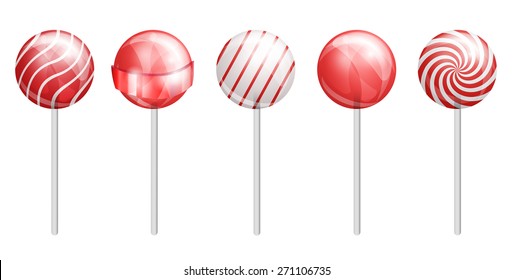 Red lollipops collection. Realistic candys with different design, vector illustration